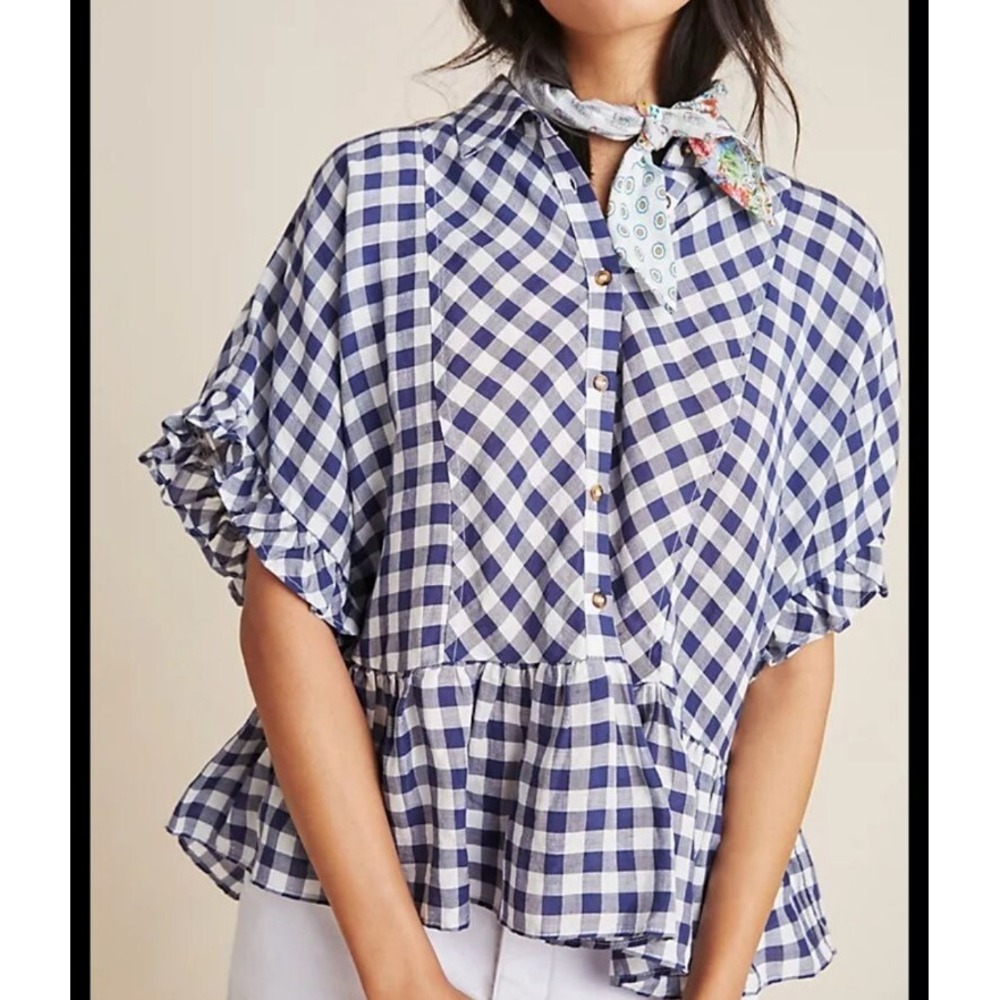Maeve Blue White Gingham Ruffle Sleeve Hem Button Up Womens Small S Linen Blend